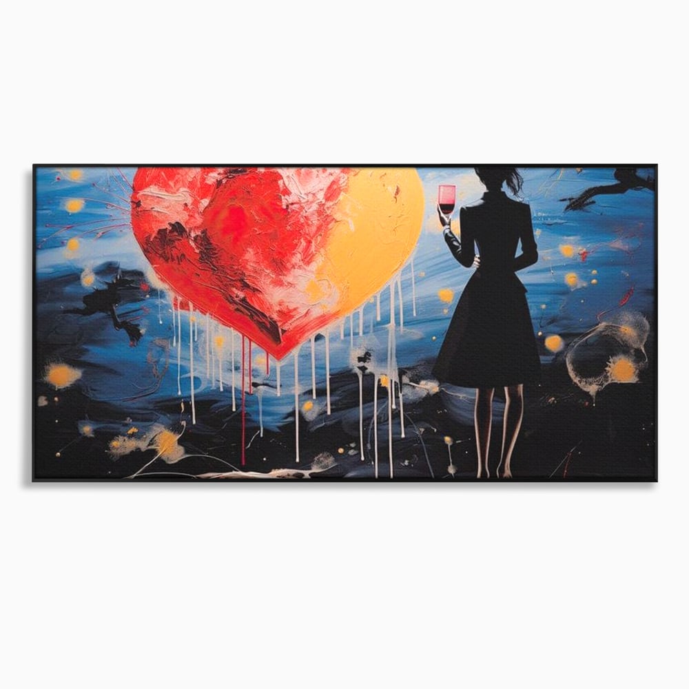 Tablou canvas cu tablou canvas cu femeie si inima uriasa, in rama de aluminiu negru
